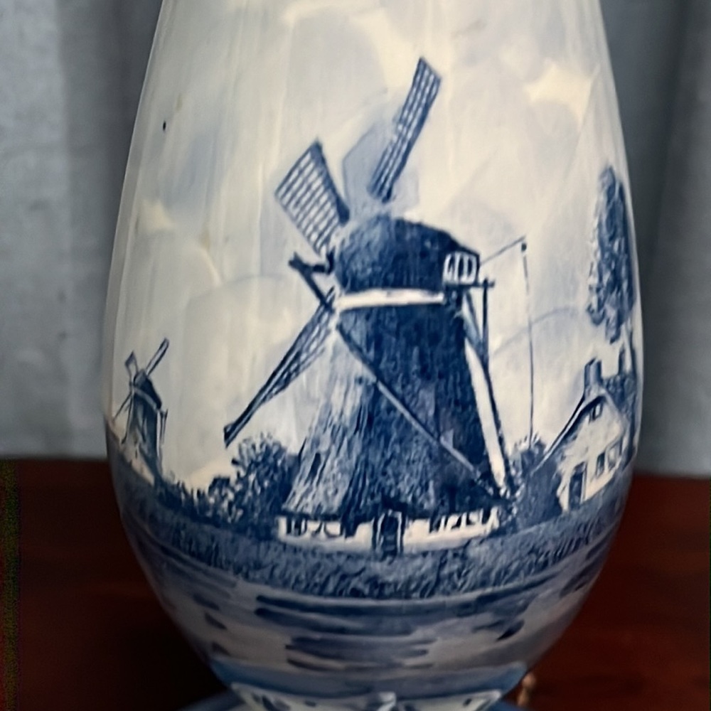 Tall Slender Blue Delft Bud Vase w/ Windmill on one side, Sailboat on the other - Picture 2 of 14